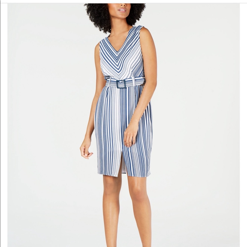 Monteau Petite Belted Striped A- Line Dress